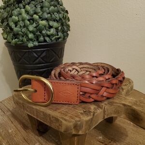 FOSSIL Cognac Braided Woven Leather Brass Buckle Belt Western Preppy Women's L